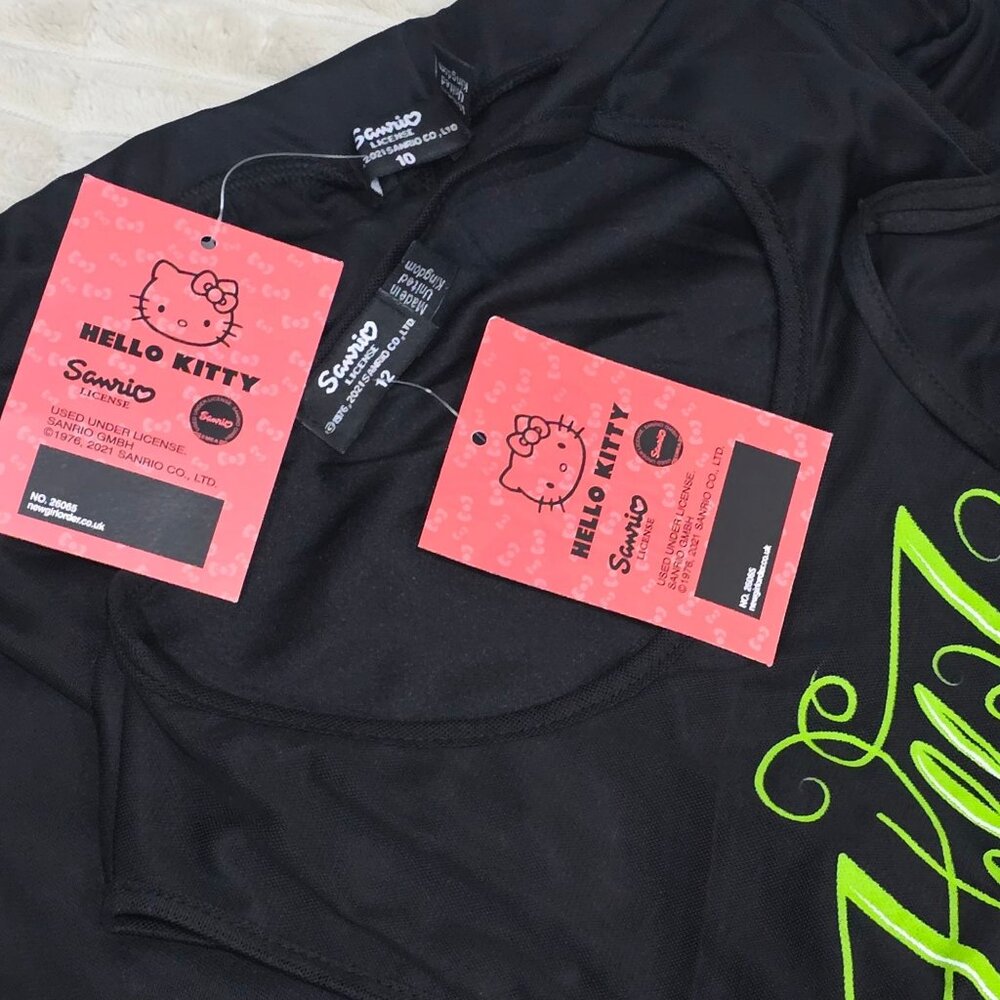 Sanrio Hello Kitty ✦ Black Neon Green Mesh Set ✦ Ruched Tank & Shorts L/M NWT - Picture 7 of 10